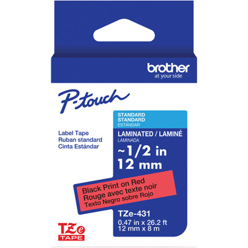 TZe-431 Laminated Tape for TZe-Compatible P-Touch Label Makers, 12 mm x 8 m, Black on Red Canadian Safety Group Inc.