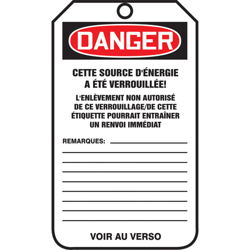 &eacute;tiquettes de s&eacute;curit&eacute; - Verrouillage, Papier cartonn&eacute;, 3-1/8" la x 5-7/8" h, Français Canadian Safety Group Inc.