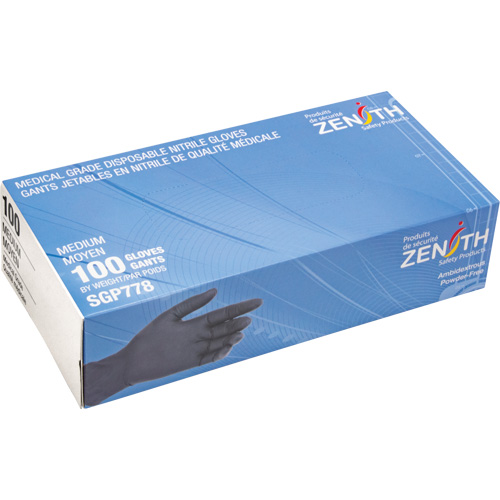 Puncture-Resistant Medical-Grade Disposable Gloves, Medium, Nitrile, 5-mil, Powder-Free, Black, Class 2 Canadian Safety Group Inc.