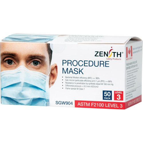 Masques d'intervention jetables, ASTM F2100 Niveau 3, Classe 1 Canadian Safety Group Inc.