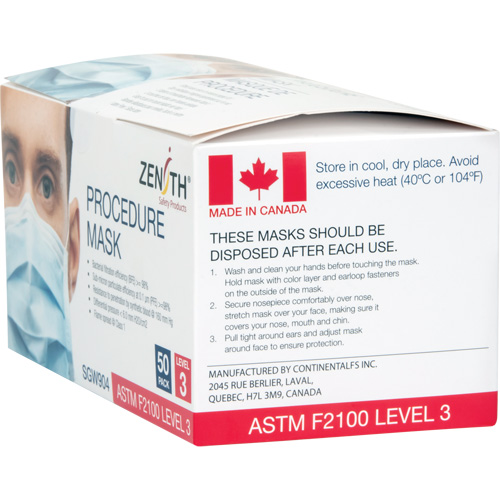 Masques d'intervention jetables, ASTM F2100 Niveau 3, Classe 1 Canadian Safety Group Inc.