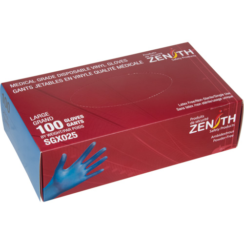Gants jetables de calibre m&eacute;dical, Petit, Vinyle, 4,5 mils, Sans poudre, Bleu, Classe 2 Canadian Safety Group Inc.