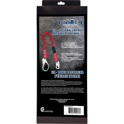 Longe amortisseuse interne ShockSorb, 6', Point d'ancrage &agrave; Crochet mousqueton, Crochet mousqueton aux jambes, Polyester Canadian Safety Group Inc.