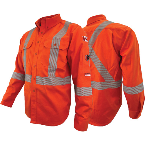 Chandail de travail &agrave; manches longues ignifuge et r&eacute;sistant &agrave; l'arc &eacute;lectrique avec bandes de 2" Atlas Guardian, T-petit, Orange haute visibilit&eacute; Canadian Safety Group Inc.