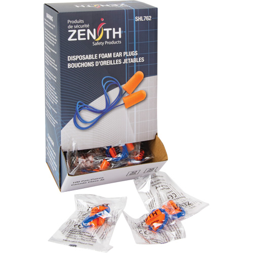 Bouchons d'oreilles en mousse, Paire - Sac en poly, Avec cordon Canadian Safety Group Inc.