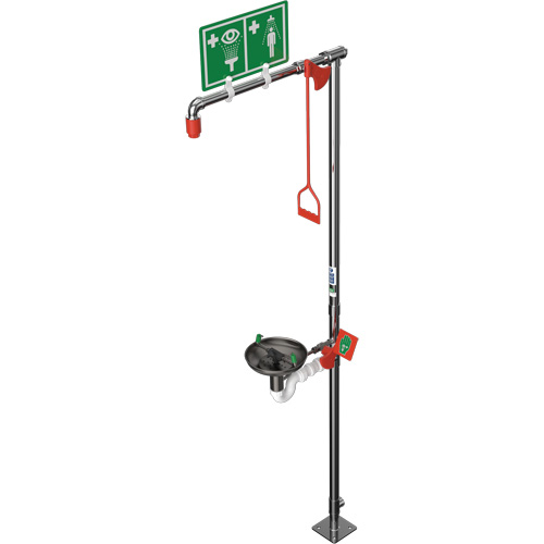 Douche combin&eacute;e avec cuvette ouverte en acier inoxydable et entr&eacute;e sup&eacute;rieure, Socle Canadian Safety Group Inc.