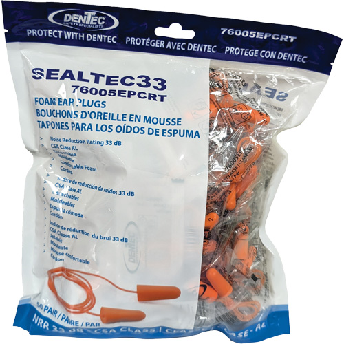 SEALTEC33 Orange Tapered PU Foam Disposable Earplugs, Bulk - Polybag, Corded Canadian Safety Group Inc.