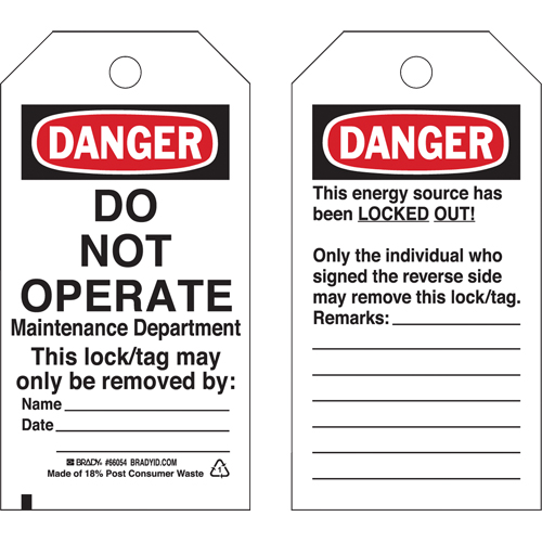 Lockout Tags, Plastic, 3" W x 5-3/4" H, English Canadian Safety Group Inc.