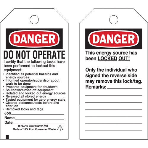 Lockout Tags, Plastic, 3" W x 5-1/2" H, English Canadian Safety Group Inc.