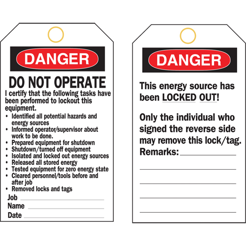 Lockout Tags, Plastic, 3" W x 5-3/4" H, English Canadian Safety Group Inc.