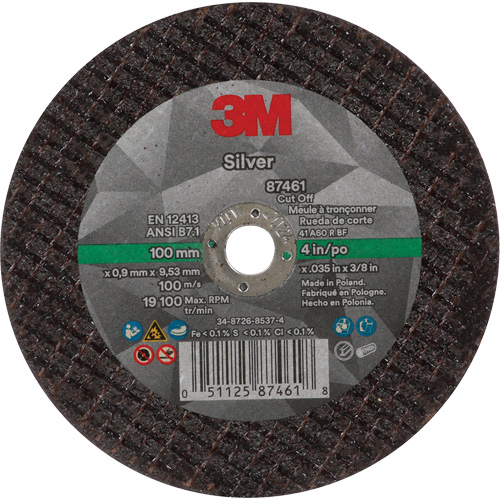 Silver Cut-Off Wheel, 4" x 0.04", 3/8"-24 Arbor, Type 1, Ceramic, 19100 RPM Canadian Safety Group Inc.