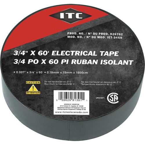 IET-3460 Ruban isolant, Ruban &eacute;lectrique, Rubans isolant, 19 mm (3/4") x 18,28 m (60'), Noir Canadian Safety Group Inc.