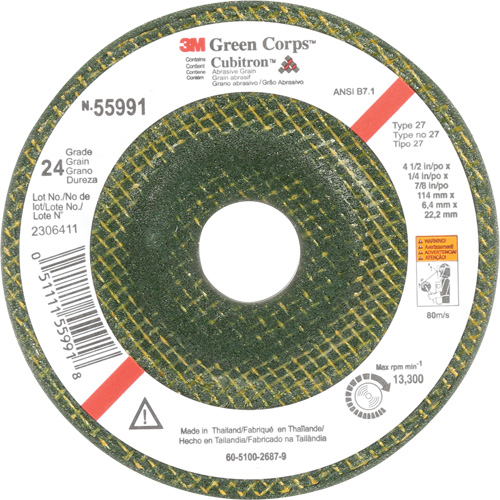 Meule &agrave; moyeu d&eacute;port&eacute; Green Corps, 4-1/2" x 1/4", Arbre 7/8", C&eacute;ramique, Type 27 Canadian Safety Group Inc.