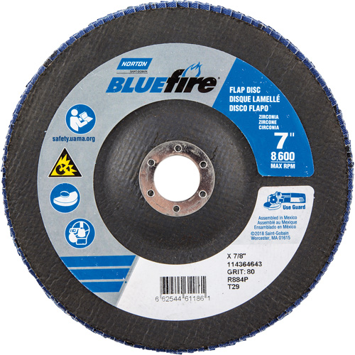 BlueFire R884P Coarse Grit Flap Disc, 7" x 7/8", Type 27, 80 Grit, Zirconia Alumina Canadian Safety Group Inc.