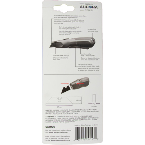 Couteau de s&eacute;curit&eacute; r&eacute;tractable , Acier inoxydable, Robuste, Prise en Plastique/Aluminium Canadian Safety Group Inc.