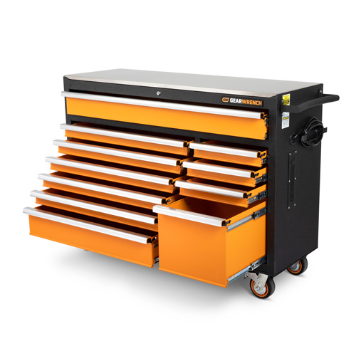 Rolling Tool Cabinet with Stainless Steel Worktop, 11 Drawers, 52" W x 18" D x 36" H, Black/Orange Canadian Safety Group Inc.