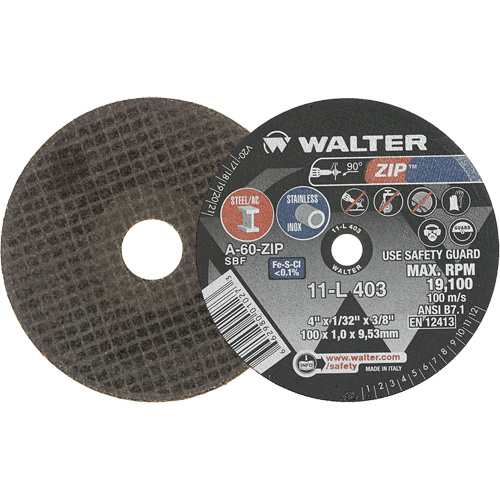 Zip Cut-Off Wheel, 4" x 1/32", 3/8" Arbor, Type 1, Aluminum Oxide, 19100 RPM Canadian Safety Group Inc.