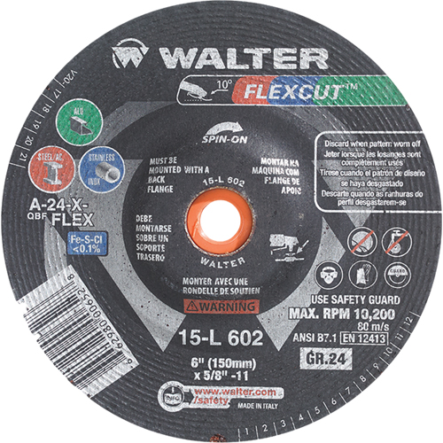 Meules &agrave; moyeu d&eacute;port&eacute; Flexcut, 4-1/2", 36 Grain, Oxyde d'aluminium, 5/8"-11, 13 300 Tr/min, Type 29 Canadian Safety Group Inc.
