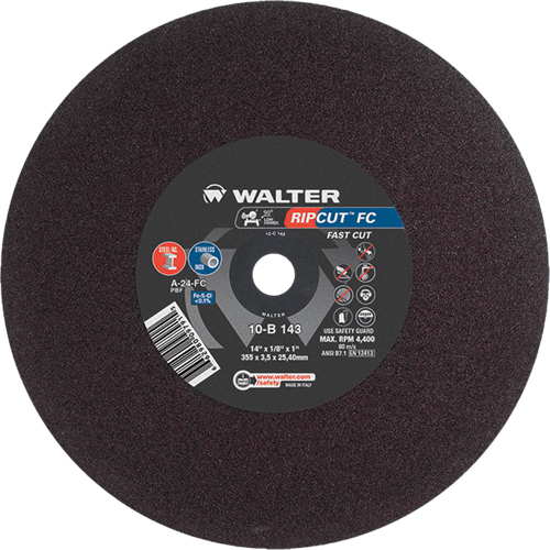 Meule &agrave; tronçonner Ripcut II pour la coupe de l'acier inoxydable et l'acier sur scies fixes, 14" x 1/8", Arbre de 1", Type 1, Oxyde d'aluminium, 4400 Tr/min Canadian Safety Group Inc.