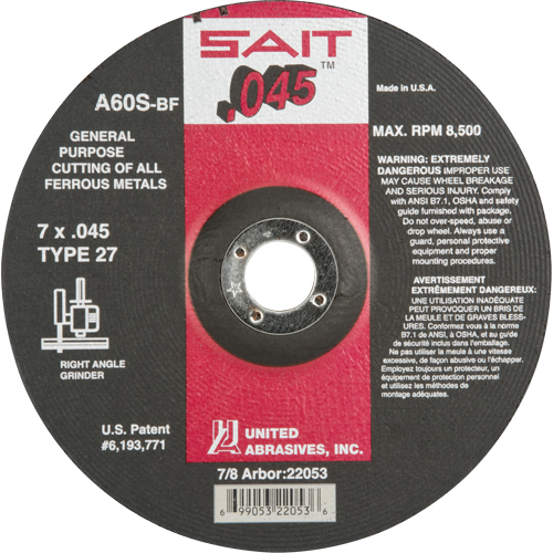 Depressed Center Cut-Off Wheel, 7" x 0.045", 7/8" Arbor, Type 27, Aluminum Oxide, 8500 RPM Canadian Safety Group Inc.