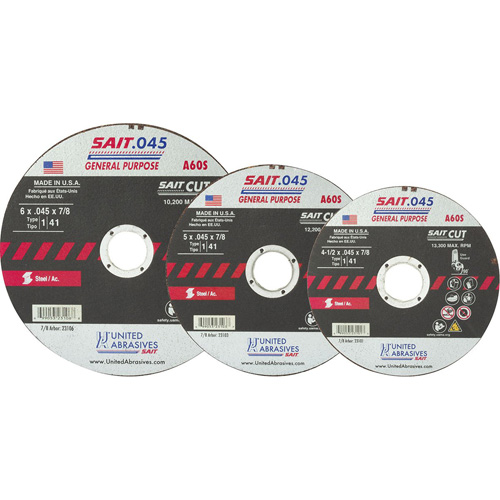 High Speed Cut-Off Wheel, 14" x 0.045", 1/4" Arbor, Type 1, Aluminum Oxide, 19000 RPM Canadian Safety Group Inc.