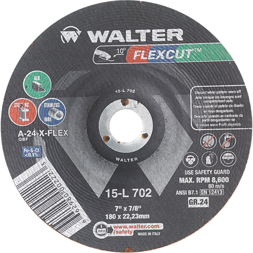 Meules &agrave; moyeu d&eacute;port&eacute; Flexcut, 7", 24 Grain, Oxyde d'aluminium, 7/8", 8600 Tr/min, Type 29 Canadian Safety Group Inc.