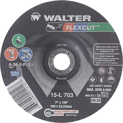 Meules &agrave; moyeu d&eacute;port&eacute; Flexcut, 7", 36 Grain, Oxyde d'aluminium, 7/8", 8600 Tr/min, Type 29 Canadian Safety Group Inc.
