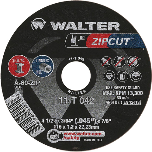 Meule &agrave; tronçonner Zipcut, 4-1/2" x 3/64", Arbre de 7/8", Type 1, Oxyde d'aluminium, 13 300 Tr/min Canadian Safety Group Inc.