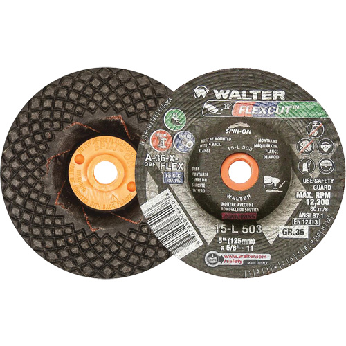 Meules &agrave; moyeu d&eacute;port&eacute; Flexcut, 5", 36 Grain, Oxyde d'aluminium, 5/8"-11, 12 200 Tr/min, Type 29 Canadian Safety Group Inc.