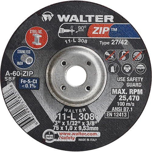 Disque de meulage et de tronçonnage Zip, 3" x 1/13", Arbre de 3/8", Type 27, Grain de 60, Oxyde d'aluminium Canadian Safety Group Inc.