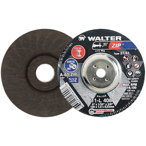 Disque de meulage et de tronçonnage Zip, 4" x 1/32", Arbre de 3/8", Type 27, Grain de 60, Oxyde d'aluminium Canadian Safety Group Inc.
