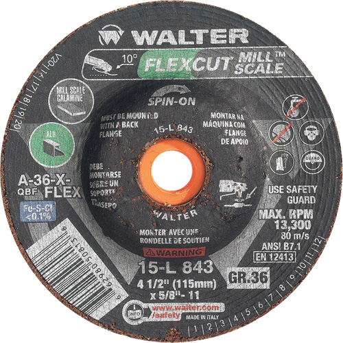 Meule FLEXCUT MILL SCALE, 4-1/2", 36 Grain, Oxyde d'aluminium, 5/8"-11, 13 300 Tr/min, Type 29 Canadian Safety Group Inc.