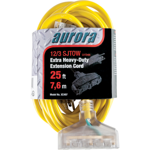 Cordon rallonge en vinyle avec indicateur lumineux, Ext&eacute;rieur, SJTOW, AWG 12/3, 15 A, 3 prise(s), 25' Canadian Safety Group Inc.