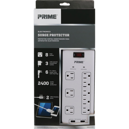 Limiteurs de surtension avec chargeur USB, 8 Prises, 2400 J, 1875 W, Cordon 6' Canadian Safety Group Inc.