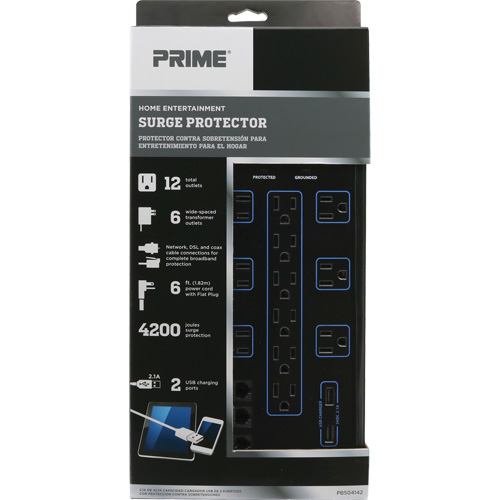 Limiteurs de surtension avec chargeur USB, 12 Prises, 4200 J, 1875 W, Cordon 6' Canadian Safety Group Inc.