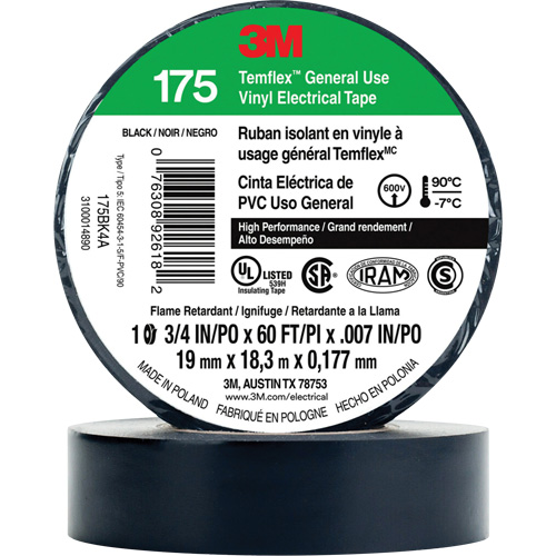 Temflex General Use Vinyl Electrical Tape 175, 19 mm (3/4") x 18 M (60'), Black, 7 mils Canadian Safety Group Inc.