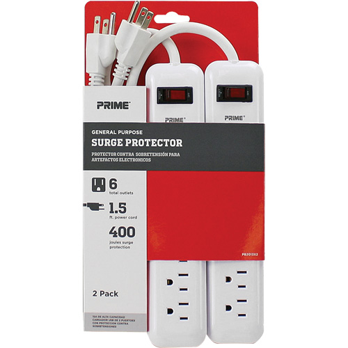 Barre multiprise limiteur de surtension, paquet de 2, 6 Prises, 400 J, 1875 W, Cordon 1,5' Canadian Safety Group Inc.