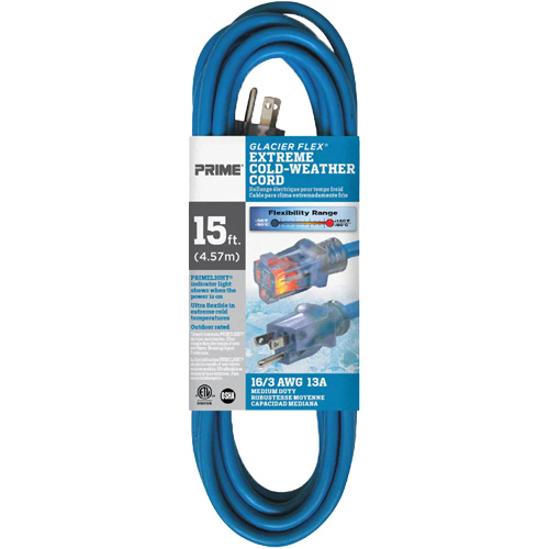 Cordon rallonge pour le froid extr&ecirc;me Glacier Flex, Ext&eacute;rieur, SJTW, AWG 16/3, 13 A, 15' Canadian Safety Group Inc.
