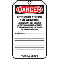 &eacute;tiquettes de verrouillage, Papier cartonn&eacute;, 3-1/8" la x 5-7/8" h, Français Canadian Safety Group Inc.