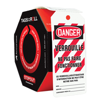 Tags By-The-Roll Lockout Tags, Plastic, 3" W x 6-1/4" H, French Canadian Safety Group Inc.