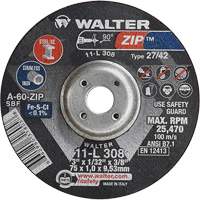 Disque de meulage et de tronçonnage Zip, 3" x 1/13", Arbre de 3/8", Type 27, Grain de 60, Oxyde d'aluminium Canadian Safety Group Inc.